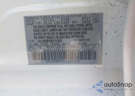 2021 Nissan Sentra S Xtronic Cvt z USA, uszkodzony, nr VIN 3N1AB8BVXMY314923